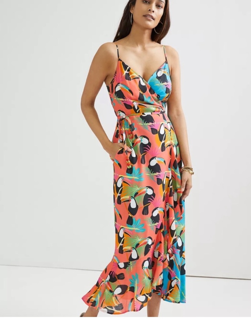 Farm Rio Tropical Toucan Wrap Maxi Dress - Coral Multi